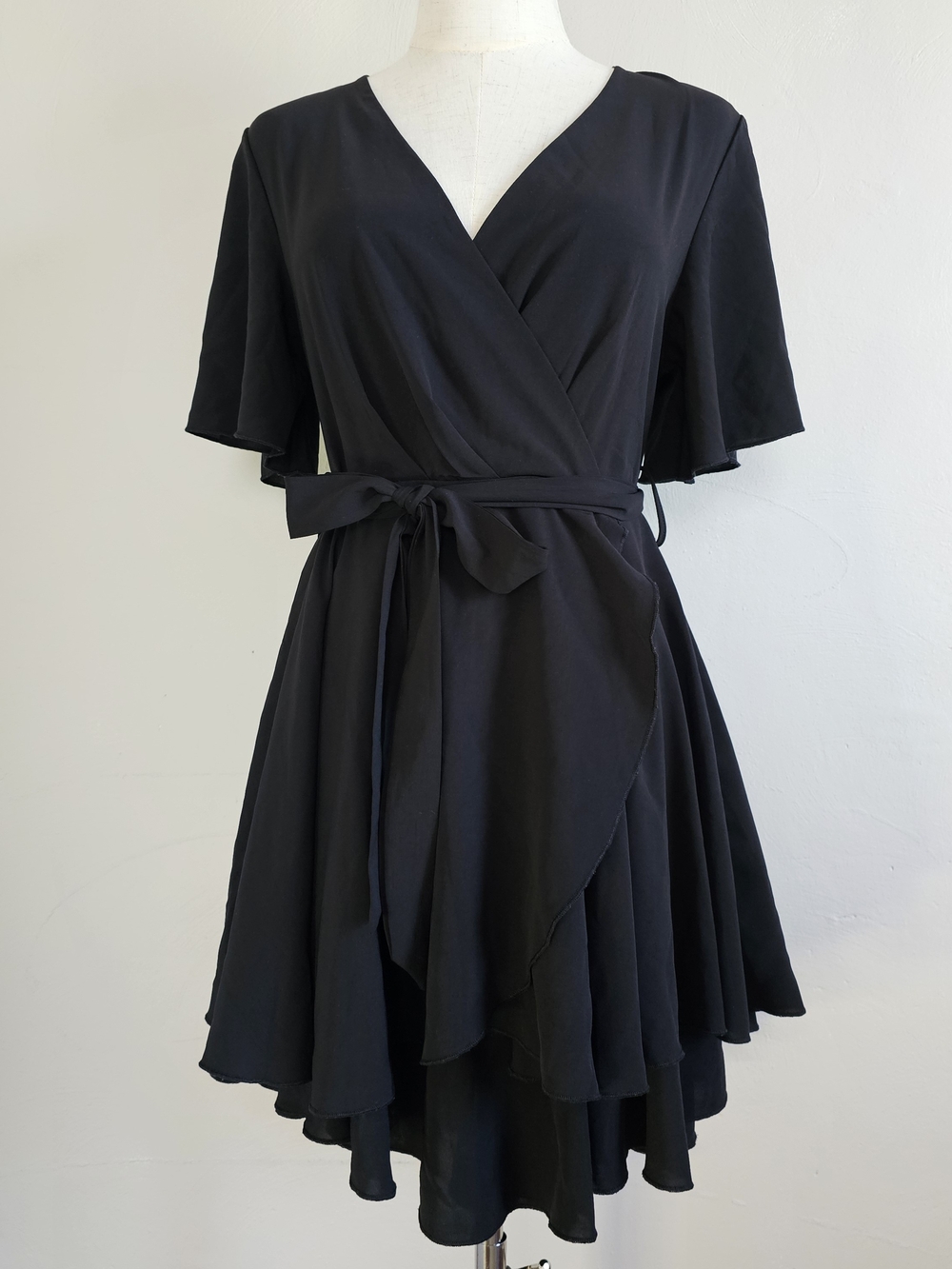 Elegant Black Wrap Mini Dress with Tie Waist